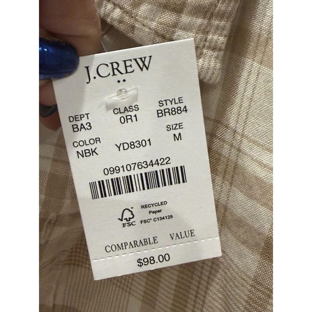 J.Crew Mens Double Weave Plaid Button Up Shirt Size Medium Tan Cream Plaid NWT